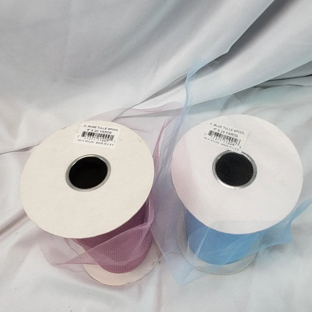 Lot of 2 VTG Falk Fabric Tulle Spools Decoration Crafting Burgundy Red Baby Blue